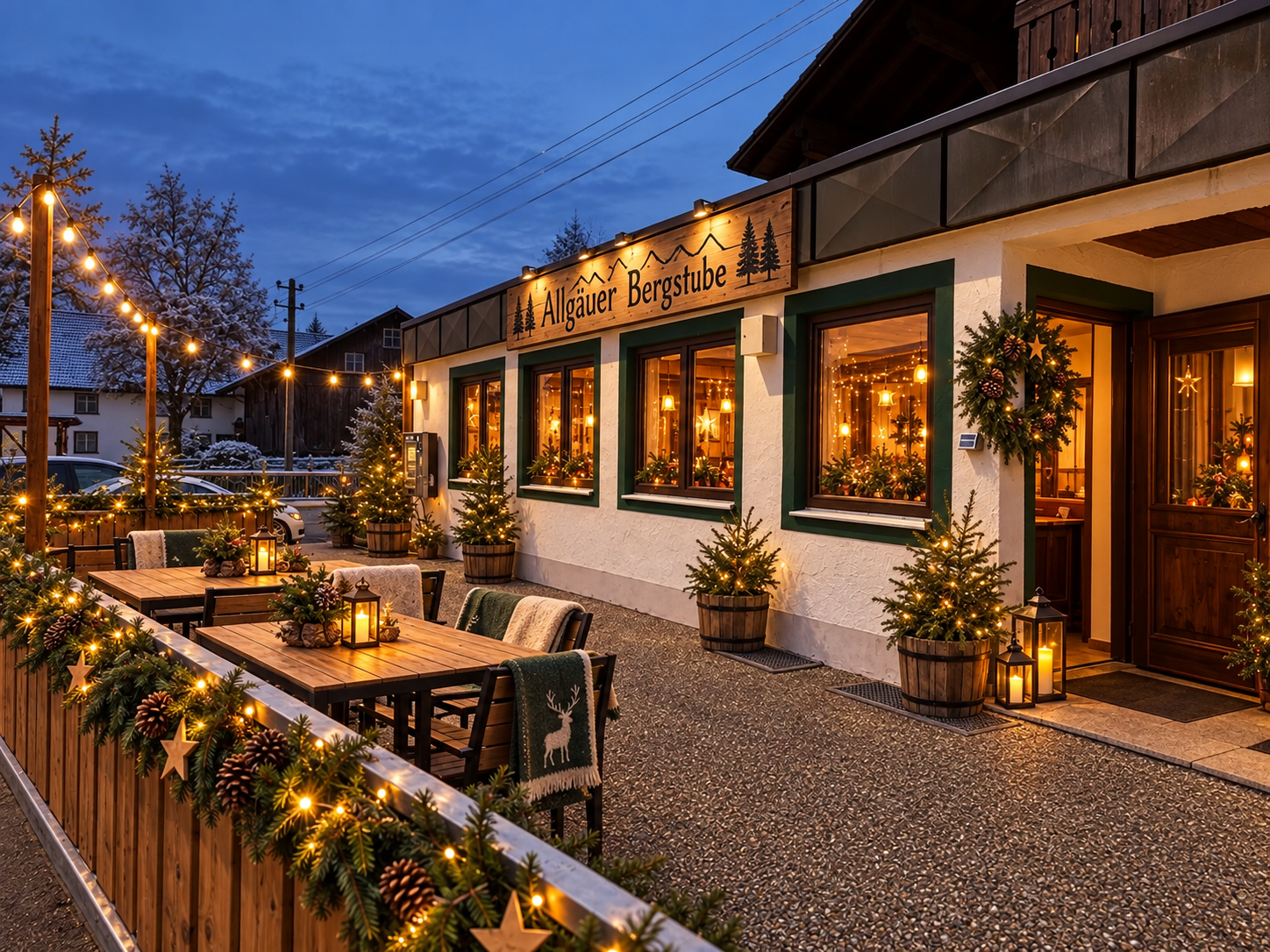 Gestaltungsidee einer adventlich geschmückten Terrasse mit Tannengrün und warmen Lichtern